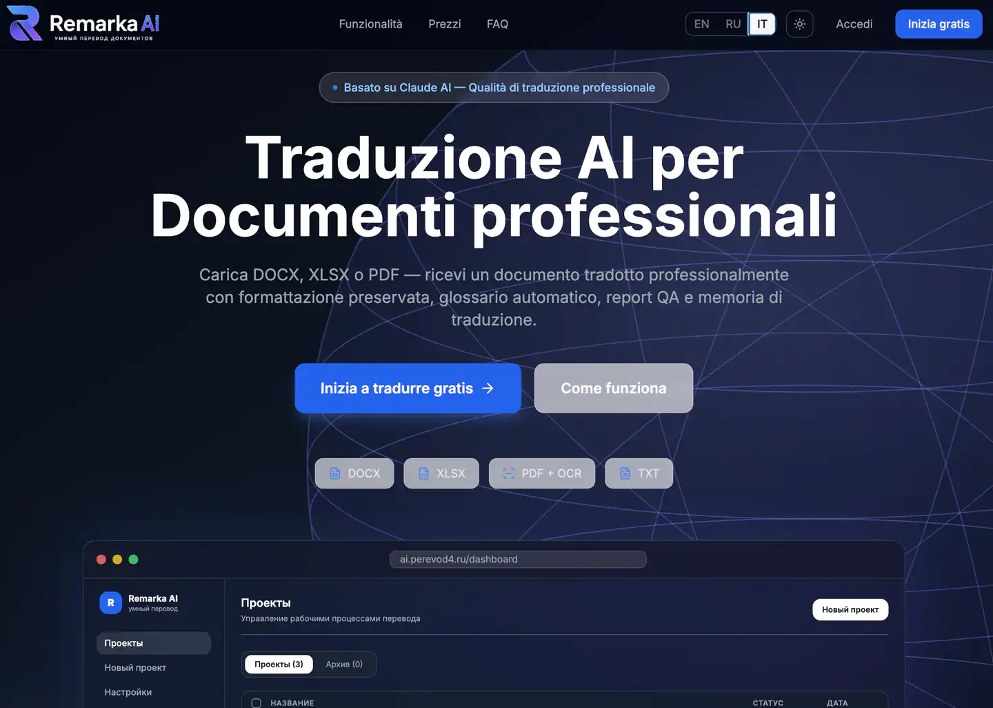 Home page della piattaforma di traduzione AI Remarka AI: caricamento del documento e scelta delle lingue