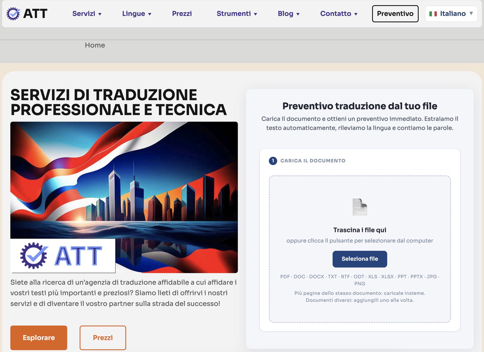 Home page del sito dell’agenzia di traduzioni traduzione.tech, con i servizi in evidenza
