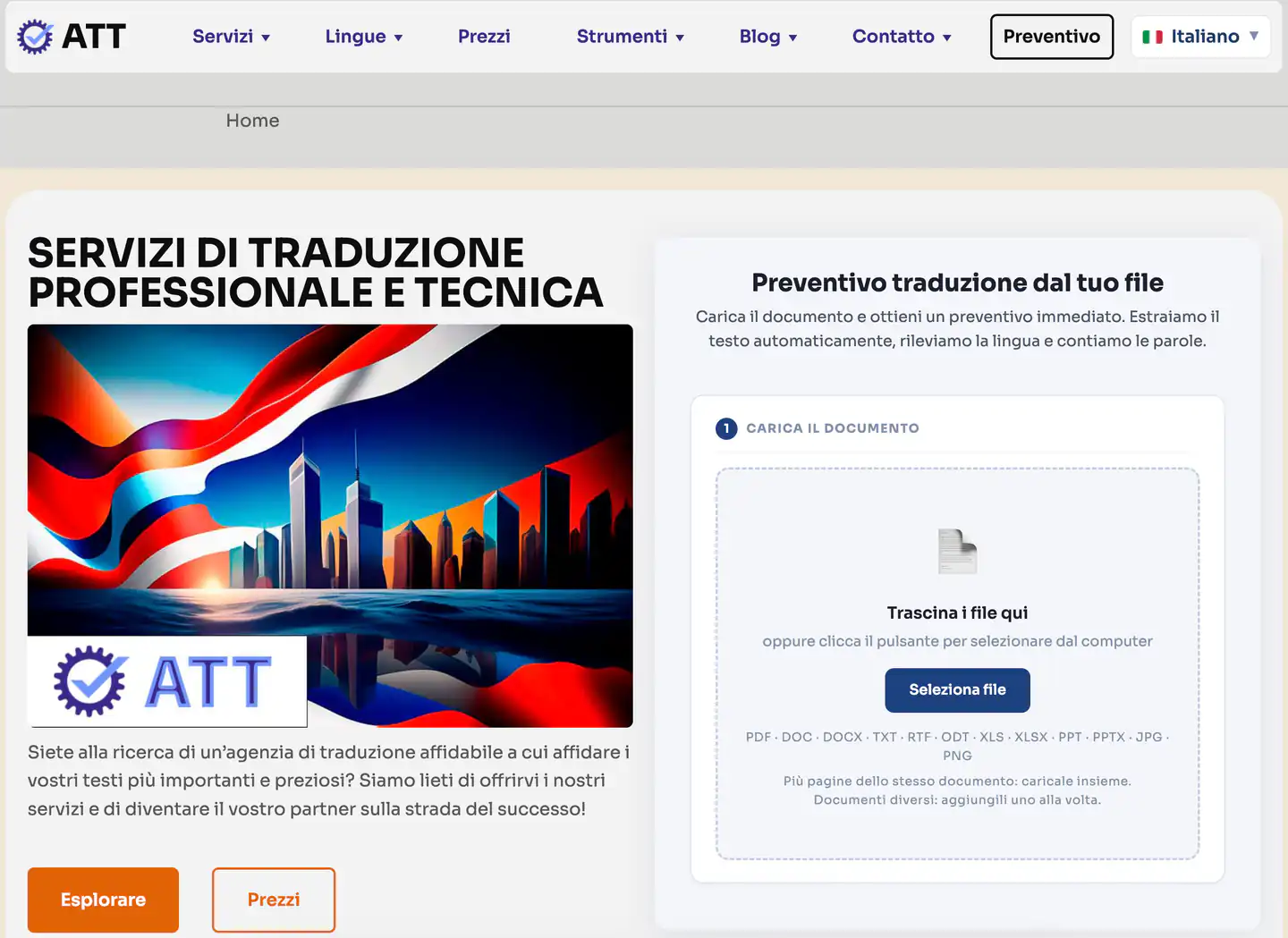 Home page del sito dell'agenzia di traduzioni traduzione.tech, con i servizi in evidenza