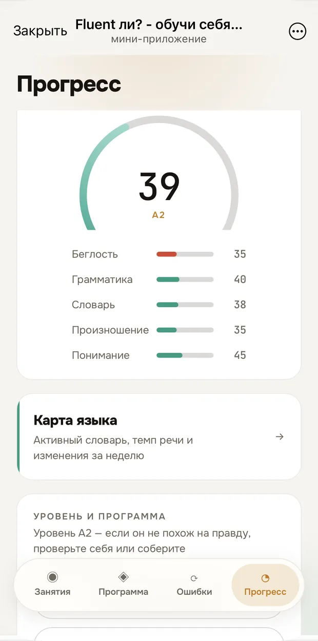 Schermata dei progressi di Fluent ли? nella Mini App Telegram: livello A2 e cinque abilità