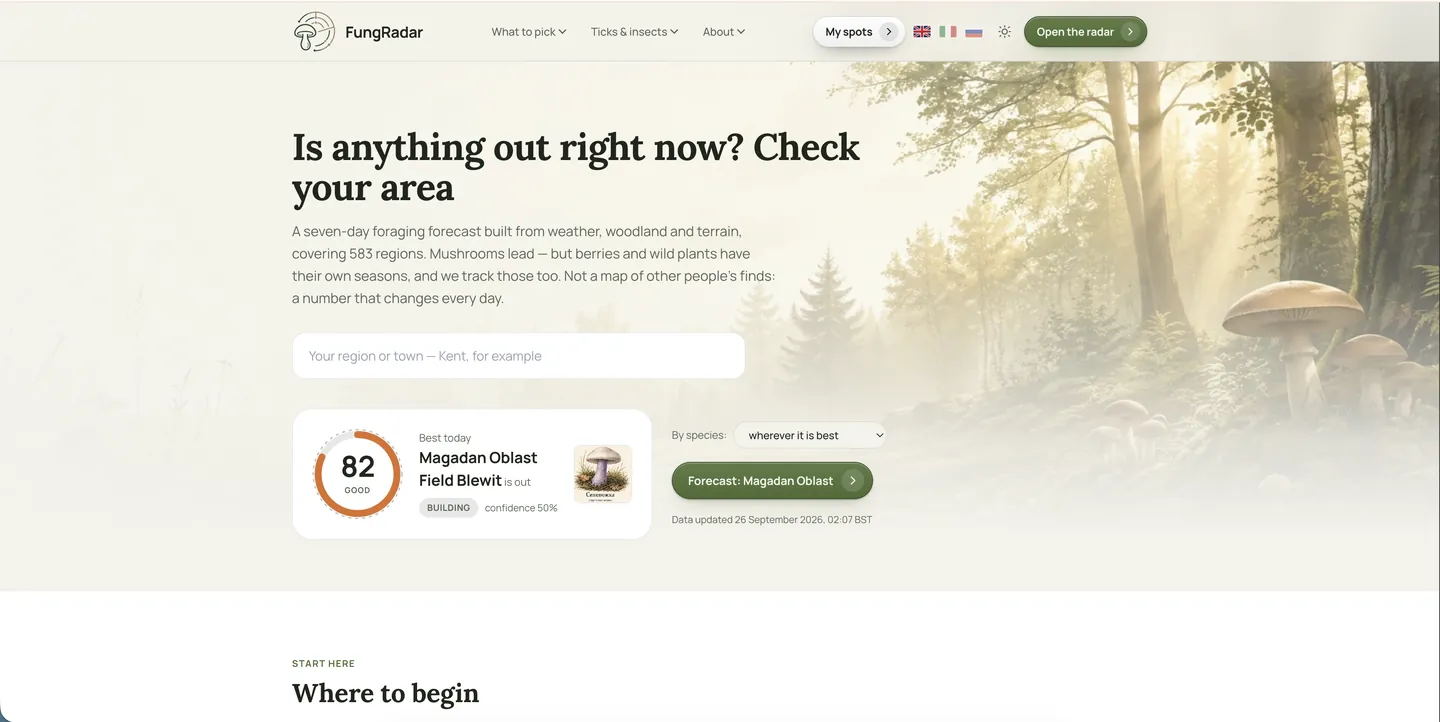 The fungradar.com home page — FungRadar's English site with the mushroom activity forecast for Europe