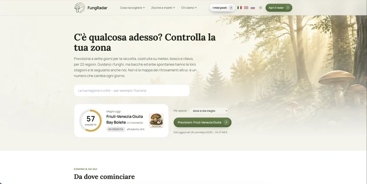 La home page di it.fungradar.com, il sito italiano di FungRadar con le previsioni sull'attività dei funghi in Italia