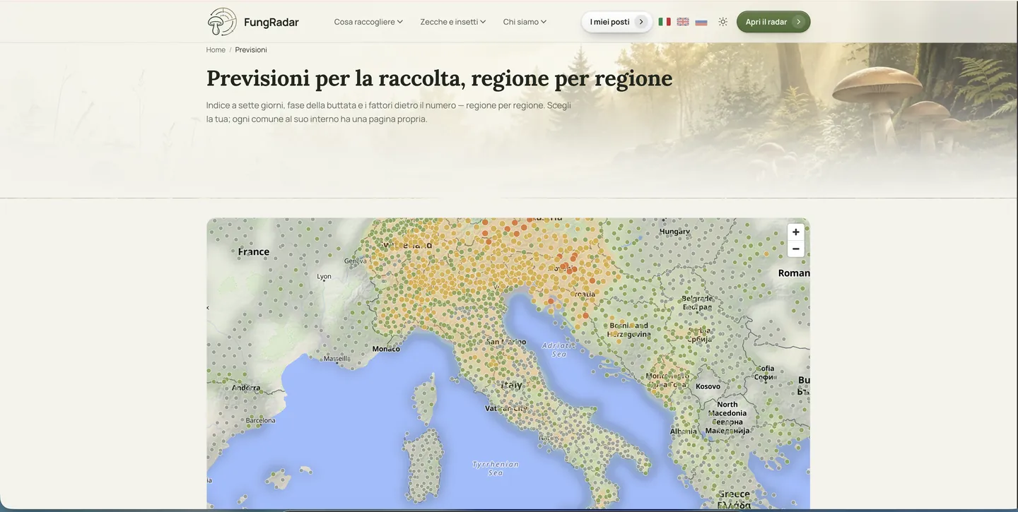 La mappa delle previsioni di it.fungradar.com: l'indice di attività dei funghi punto per punto su Italia e paesi vicini