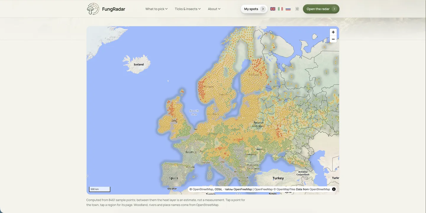The fungradar.com forecast map: the mushroom activity index point by point across Europe