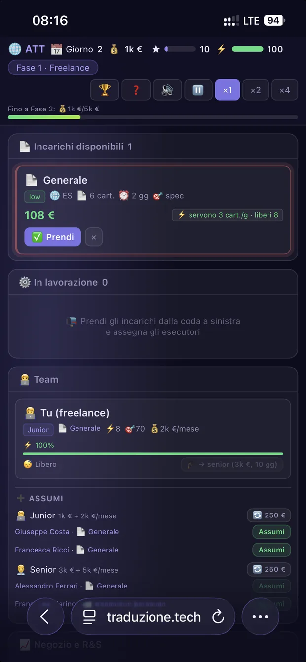 Schermata di gioco de «L'Impero delle Traduzioni» su traduzione.tech/gioco: Fase 1 · Freelance, incarichi disponibili, il team da gestire