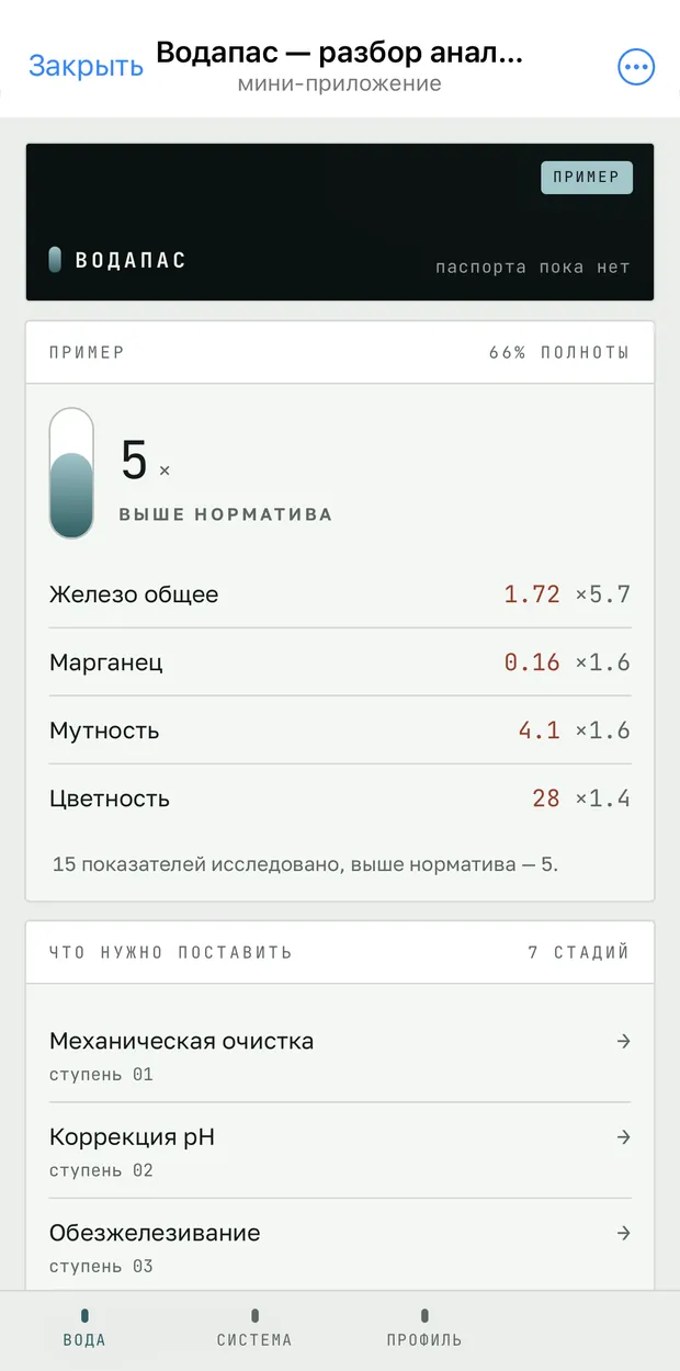La Mini App di Vodapas in Telegram: un'analisi d'esempio — cinque parametri oltre il limite, ferro ×5,7 — e i primi stadi dell'impianto di trattamento